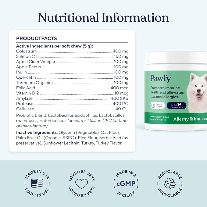 Pawfy Dog Allergy Chews for Large Breed with Itchy Skin & Paw Licking | Allergy & Immune Support for Dogs with Probiotics, Salmon Oil, Turmeric & Vitamin B12 | 30 Turkey Flavoured Chews