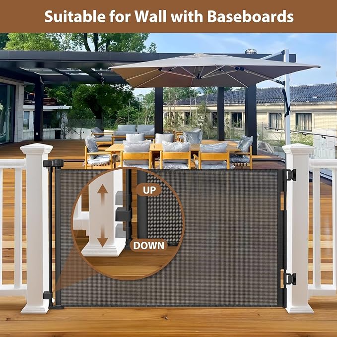 Weatherproof Outdoor Retractable Baby Gates for Decks with No Rust Screws and Rods, 72" Wide Waterproof Outdoor Baby Gate, 6 ft Scratch-Resistant Mesh Retractable Dog Gate for Parents and Pet Owners