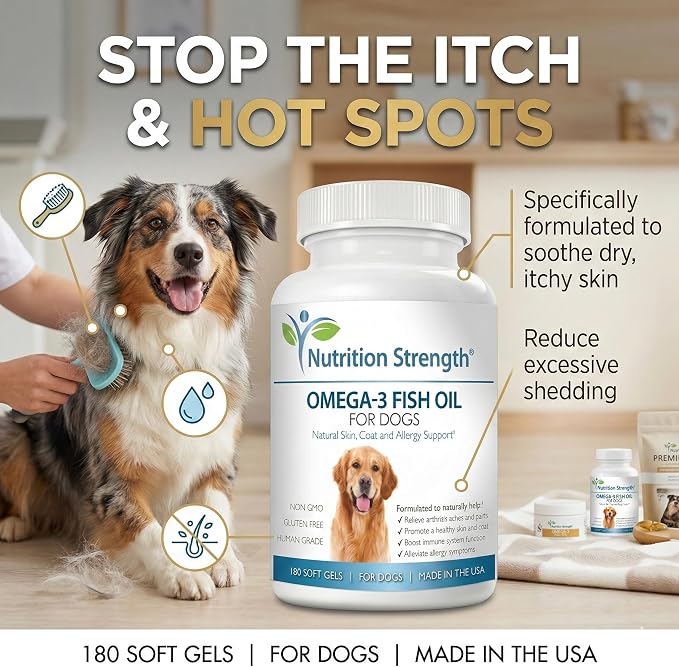 Omega 3 for Dogs - High EPA & DHA Fish Oil Soft Gels - Support for Itchy Skin, Seasonal Allergies, Shedding & Joint Health - Pure Wild Caught Source - 180 Count Value Size