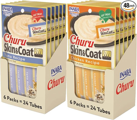 INABA Churu for Skin and Coat Lickable Purée Natural Cat Treats with Omega Oils, Taurine and Green Tea, 0.5 Ounces Each - 2 Flavor Variety Pack (48 Tubes)