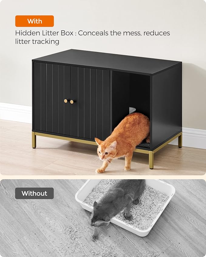 Feandrea Cat Litter Box Enclosure, Hidden Litter Box Furniture with Scratch Pad, Front Entry, Double Cabinet Doors, Modern Style, 31.5" Cat House Washroom Side End Table, Black and Gold