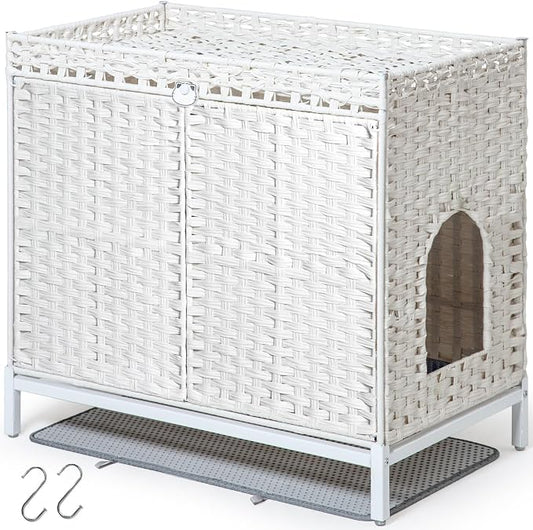 SETVSON Cat Litter Box Enclosure Furniture, Hidden Handwoven Rattan Litter Box with Mat, Large Cat House with Metal Heightened Feet, 30.3 x 18.3 x 28 Inches, Indoor for Living Room, Bedroom White