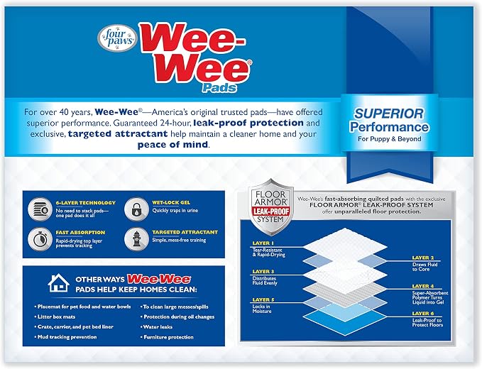 Four Paws Wee-Wee Superior Performance Unscented Puppy Pee Pads for Dogs & Puppies, Quilted Leak-Proof Dog Housebreaking Potty Training Floor Protection, Pet Supplies, 22" x 23", 200 Count