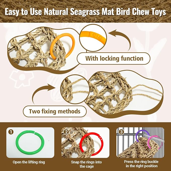 2Pcs 29.5 x 7 inches Large Bird Seagrass Mat Grass Woven Net Parrot Hammock Mat Parakeet Climbing Rope Ladder with Hooks Bird Cage Accessories for Conure Cockatiel Budgie Macaw Bearded Dragon