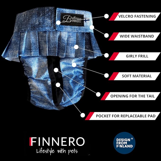 FINNERO Ballerina Dog Diaper – Washable, Reusable, Leak-Proof – Heat, Period & Urine Incontinence Protection – Comfortable, and Stylish Design – Adjustable Fit for Female Dogs – XS, Denim