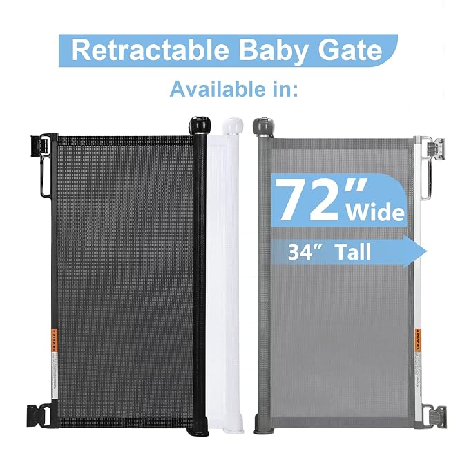 PRObebi Retractable Dog Gate - 34" Tall, Extends to 72" Wide, Safety Gate for Indoor/Outdoor/Stairs/Doorways/Deck/Banisters
