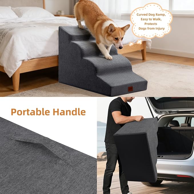 Dog Stairs for Small Dogs and Cats, 19.7" H, 4-Step Curved Pet Ramp for Beds or Couches, Non-Slip Medium Pet Steps with High Density Foam, Grey