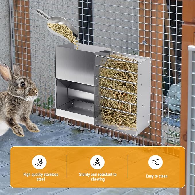 Rabbit Feeder for Cages, 2 in 1 Rabbit Hay Feeder Set, 5L Automatic Rabbit Pellet Feeder and Small Animals Hay Manger for Guinea Pig Chinchilla Bunny