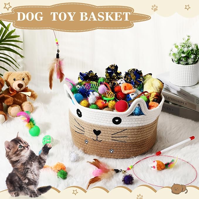 Zopeal 76 Pcs Graduation Cat Storage Basket Gift Toys Set Interactive Cat Toys Kitten Wand Colorful Flashing Balls Pet Crinkle Balls Attract Kitten to Swat, Hunt for Pet Indoor(Khaki)