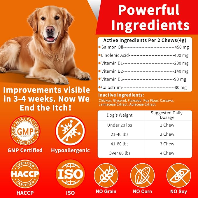 Dog Allergy Chews, Itch Relief Chews, Salmon Oil Omega-3/6, Probiotics | Vet-Recommended, Soft Chews, Vitamin B1/B2/B6, Hot Spots/Paw Licking Relief, Colostrum Probiotics, 100ct