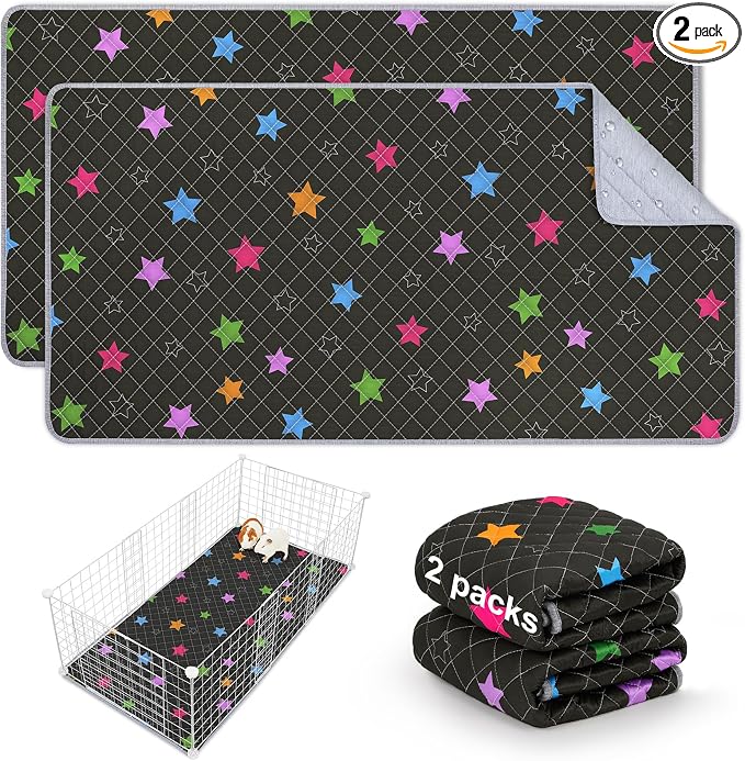 Bienbee Guinea Pig Bedding, 2 Pack 47" x 24" Reusable Guinea Pig Cage Liner Waterproof and Absorbent Small Animal Bedding Washable Guinea Pig Pee Pads for Small Pet Hamster Rabbit Squirrel, Black