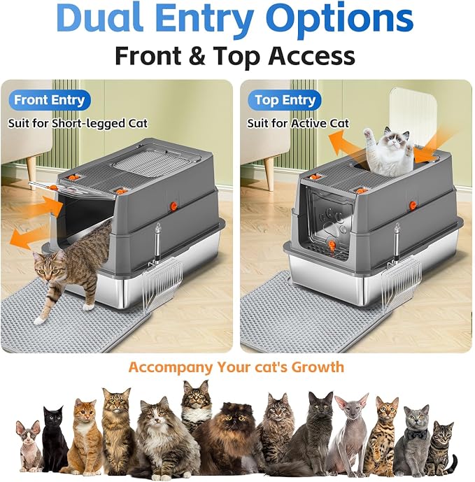 Stainless Steel Litter Box with lid,165° Flip-Top Large Enclosed Cat Litter Box with Metal Litter Scoop & Cat Litter Mat.Non-Sticky, Non-Odor, Easy Cleaning-Dark Grey