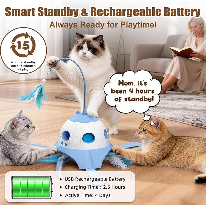 Casfuy 3-in-1 Interactive Cat Toy with Plush Tail, Whack-a-Mole & Rotating Feather Wand