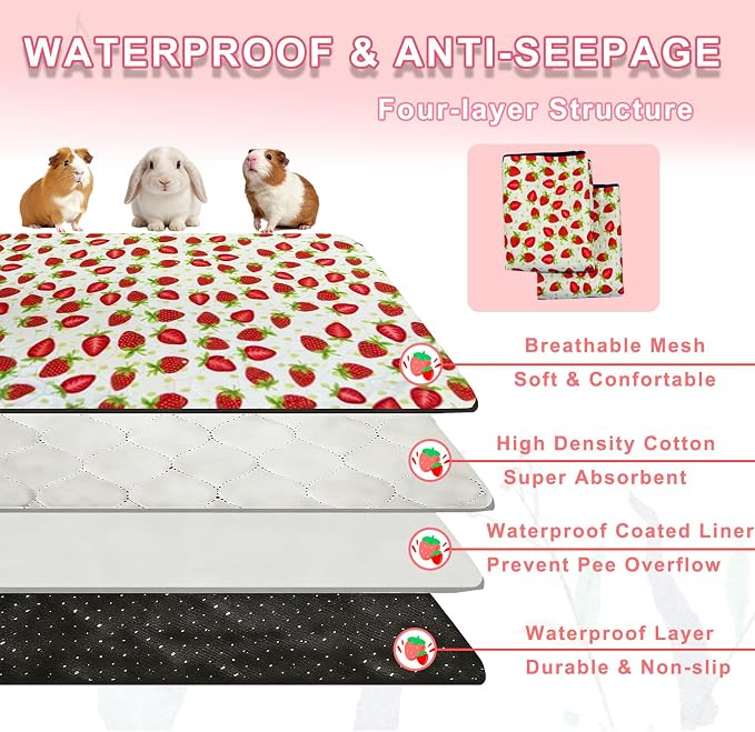 2 Pack Guinea Pig Cage Liners, 42"x 56" Washable Waterproof Bedding for Rabbit, Bunny, Hamster & Small Animals, Reusable Super Absorbent Pee Pads for C&C Cage, Strawberry Print