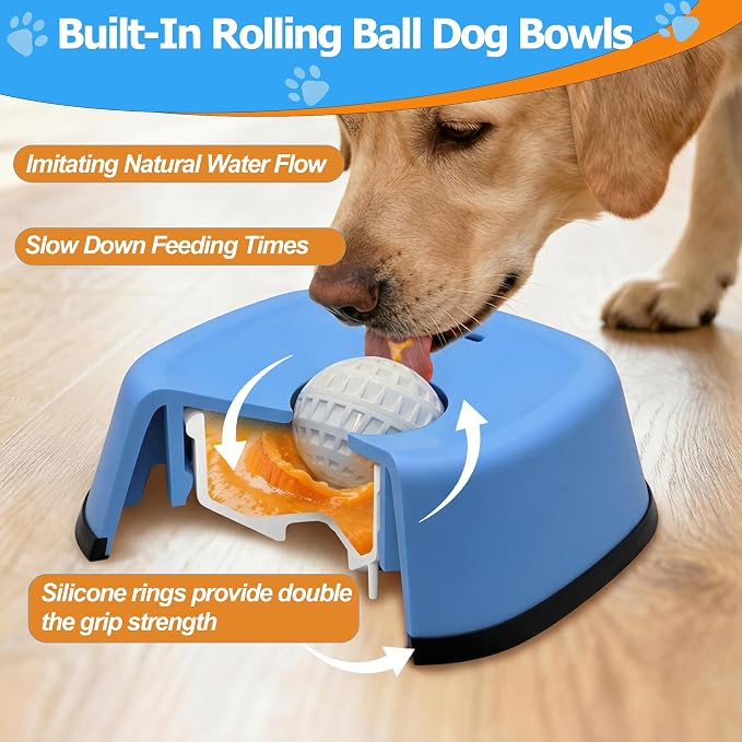 Slow Feeder Dog Bowl for Liquid Treats – Dog Lick Bowl with Rolling Ball, Anti-Slip Dog Enrichment Toy for Bone Broth and Yogurt, Calming Mental Stimulation for Small Medium Breeds-Blue