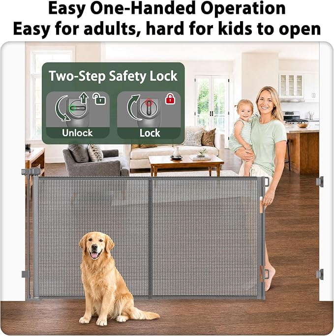 KISKIZ 59 Inch Wide Retractable Gate, Reinforced Retractable Dog Gate with Support Rods to Prevent Crawling Through, 5 FT Retractable Baby Gate for Stairs, Doorways, Hallways, Indoor/Outdoor, Gray