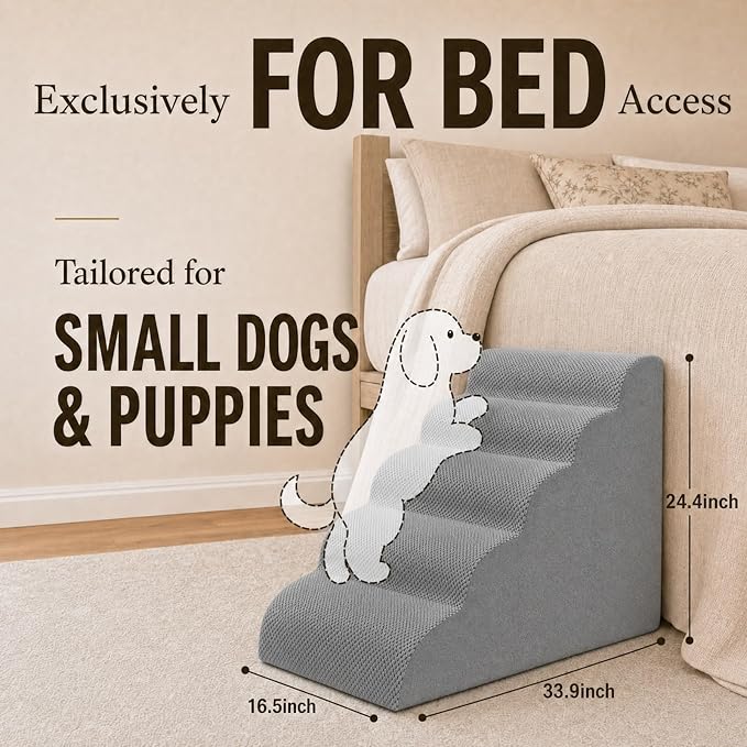 Dog Ramp for Bed,Pet Ramp for High Bed,Dog Stairs for Small & Medium Dogs,Curved Non-Slip Ladder for Older Dogs & Cats,24.4" H,5-Step (Gray)