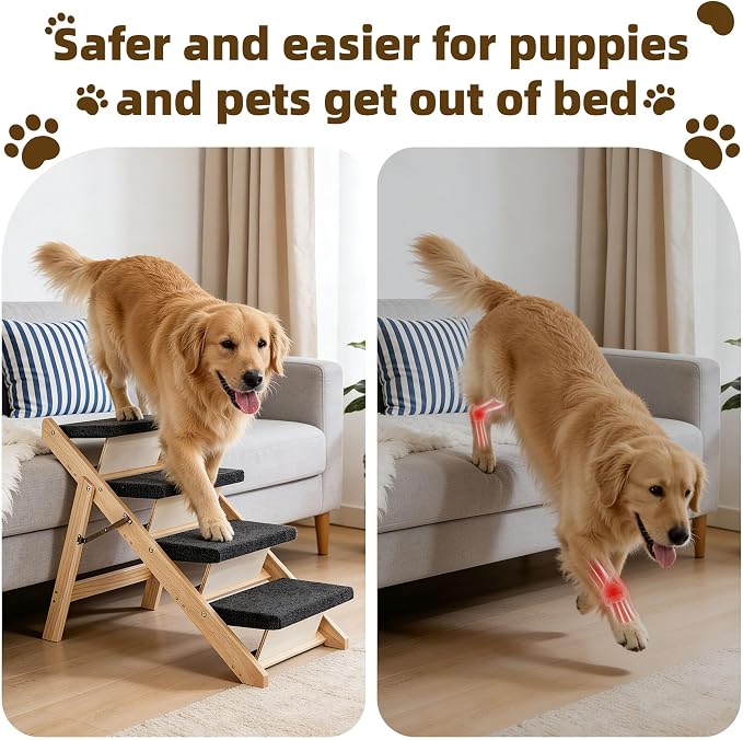 MEWANG Wood Pet Stairs & Ramp for Small/Medium Dogs & Cats, Aging Pets – 2-in-1 Foldable, Portable, Non-Slip Pet Ladder for Tall Beds, Couches, Cars – Holds Up to 220 lbs (31.5" L x 17.2" W x 25.0" H)