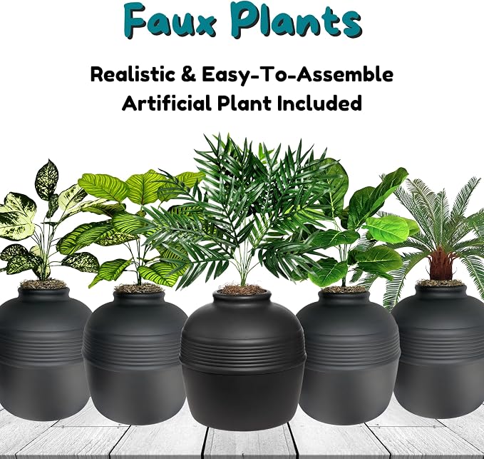 Good Pet Stuff Original Hidden Litter Box Planter, Decorative Cat Litter Enclosure, Carbon Filter, Faux Plant, Round Design, Easy to Clean, Base Kit, Palm Plant, Charcoal Black