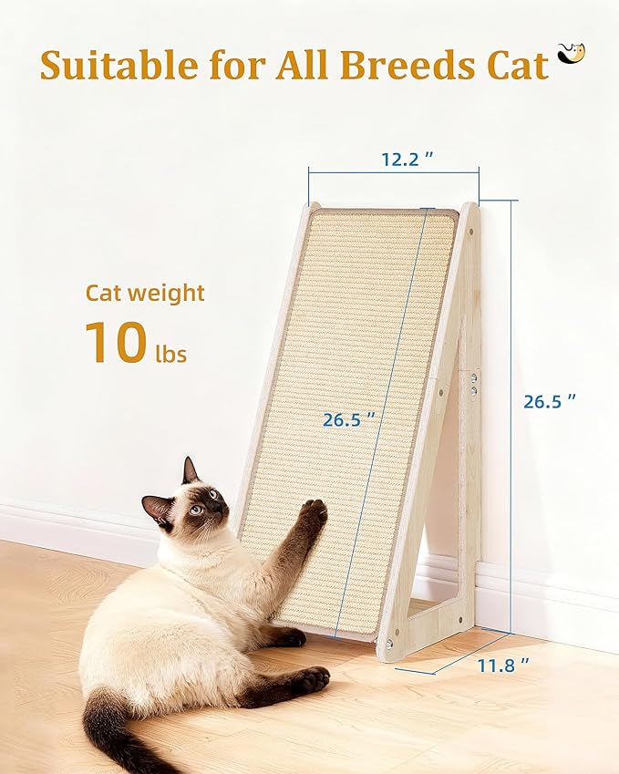 Aechonow 26.4'' Sisal Cat Scratcher Ramp for Indoor Cats, Vertical Scratching Pad for Large Cats, Wooden Cat Furniture