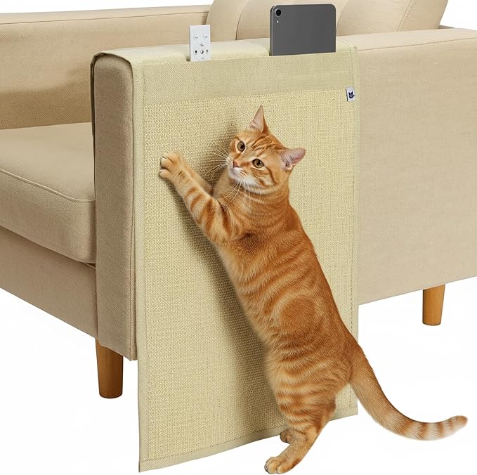 The Cat Ladies Cat Scratch Furniture Protector Mat - Couch Protector from Claws - Anti Scratch Furniture Protectors from Cats Scratching - Sisal Scratcher Pad with Pocket - Beige