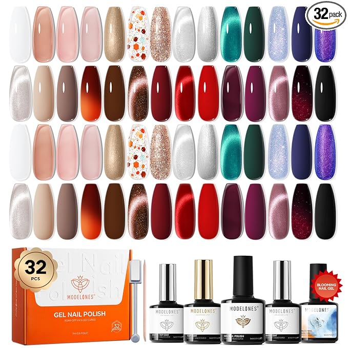 modelones 32 PCS Gel Nail Polish Kit, 28 Colors Gel Polish with Blooming Gel, Base Coat, Glossy & Matte Top Coat Cat Eye Jelly Glitter Chameleon Soak Off LED Nail Art Kit Salon at Home