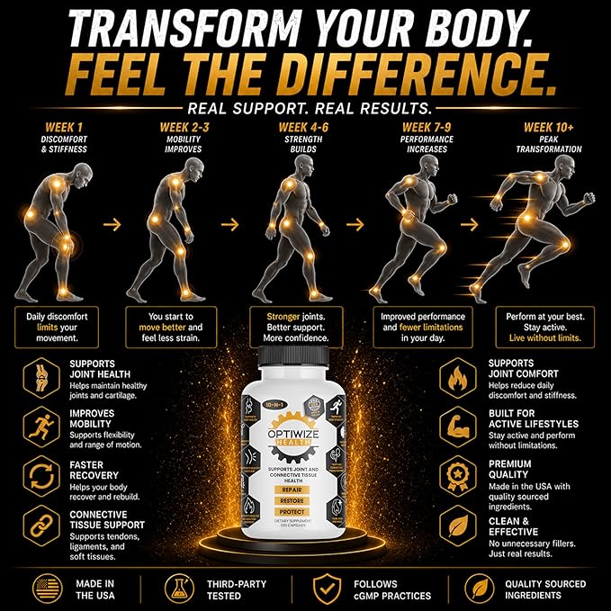 OptiWize 10-N-1 Joint Support Hydrolyzed Collagen,MSM, Hyaluronic Acid, Glucosamine,Chondroitin & More- Targets Joint Discomfort, Improves Mobility & Flexibility 320 Caps for Men & Women Made in USA