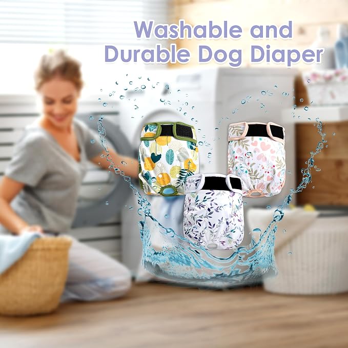 Washable Female Dog Diapers 3Pack,Reusable Diaper for Doggie,Highly Absorbent Dog Diaper,Adjustable Leakproof Puppy Diapers Skirt for Heat,Incontinence,Period Doggy Nappies M