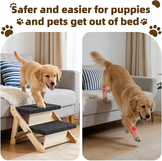 MEWANG Wood Pet Stairs & Ramp for Small/Medium Dogs and Cats, Aging Pets – 2-in-1 Foldable, Portable, Non-Slip Pet Ladder for Tall Beds, Couches,Cars–Holds Up to 220 lbs (17.3" L x 17.2" W x 13.0" H)