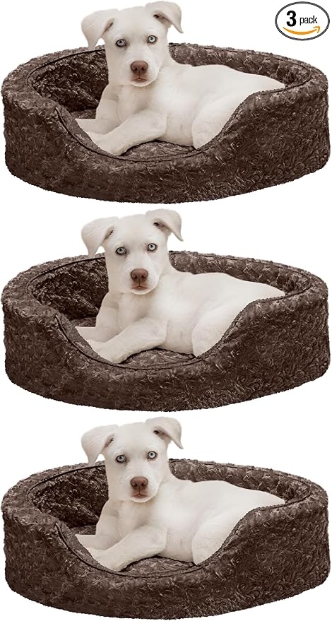Furhaven Dog Bed for Small Dogs w/Removable Washable Cover & Pillow Cushion Insert, for Dogs Up to 12 lbs - Ultra Plush Faux Fur Oval Lounger - Chocolate, Small (Pack of 3)
