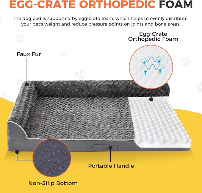 Dog Bed Large Sized Dogs, Orthopedic Dog Bed for Large Dogs, Waterproof Pet Bed with Washable Removable Cover, L-Shaped Pet Couch with Portable Handle 36"x27"x6.5", Dark Grey