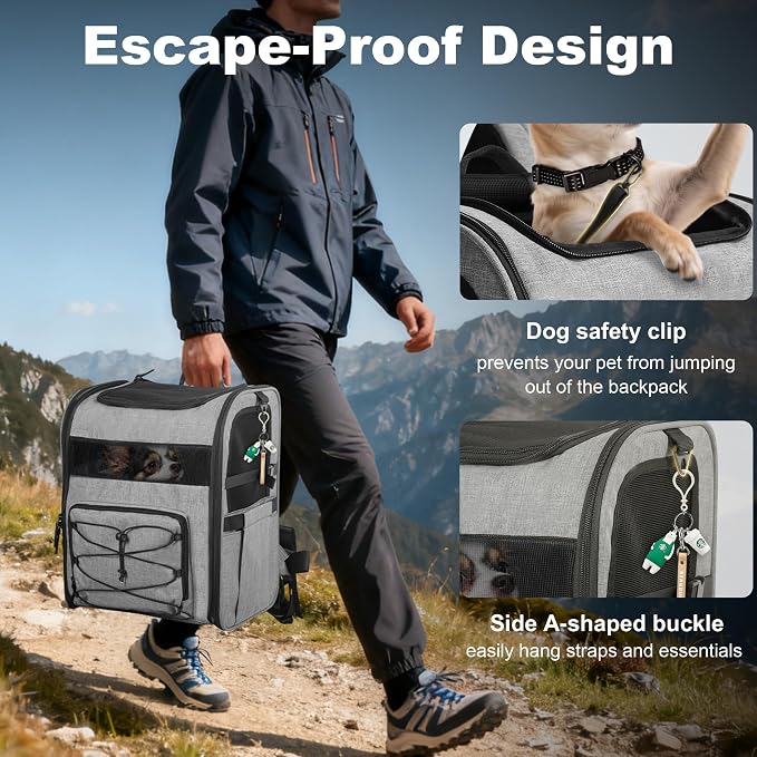 Dog Carrier Backpack for Small Dogs - Breathable Mesh Hiking Bag with Safety Buckle, Adjustable Straps and Elevated Pad - Durable for Hiking (Fits Small Cats Too, Up to 17lbs, Gray)