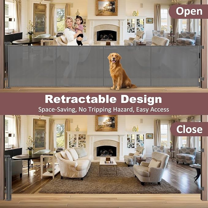 Reinforced 41" Extra Tall Retractable Baby Gates Extra Wide Dog Gate 150" Retractable Pet Gate with Support Rods, Indoor Mesh Gates for Kids or Pets Retractable Fence Outdoor Extra Tall Dog Gate, Gray