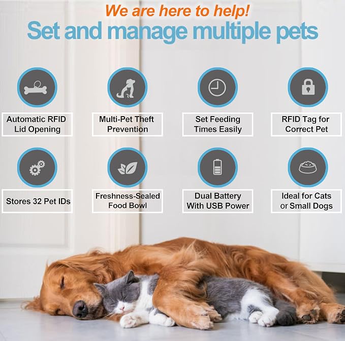 Automatic Pet Feeder with Active RFID Technology, Dual Source Battery/USB - Prevents Food Stealing, Perfect for Prescription Diets, Schedules Meals for Multiple Pets (Cats & Dogs) (White)