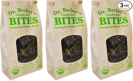 Dr. Becker's Organic Beef Bites | 100% Pure Meat Protein | Grain Free Liver Training Treats for Dogs & Cats, 5 oz (Pack of 3)