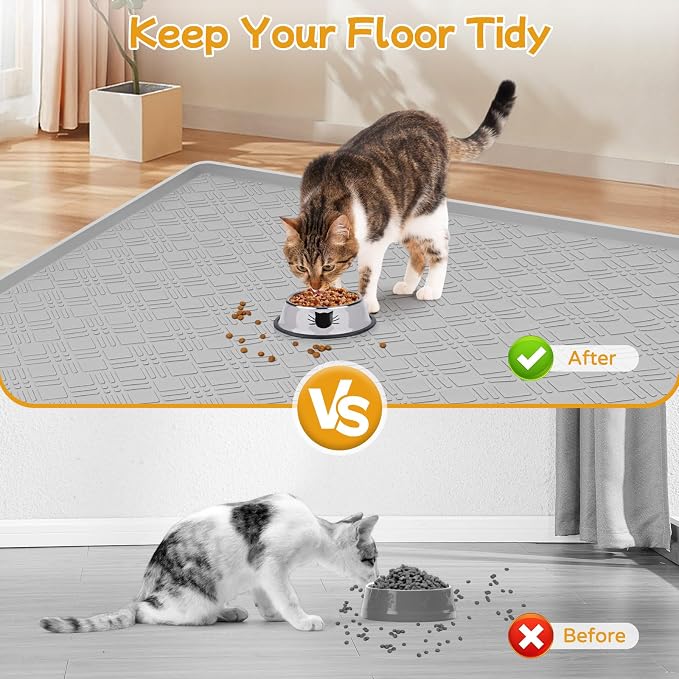 Cat Food Mat, 42" x 29" Large Silicone Mat Cat Feeding Mat with Raised Edge Non-Slip Pet Feeding Mat for Food and Water Bowl, Easy to Clean, Floor Protection (Light Gray)