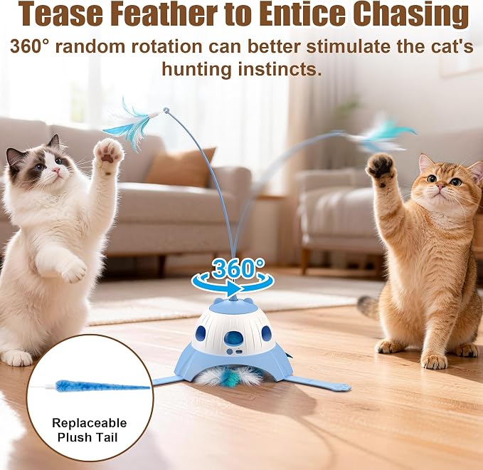 Casfuy 3-in-1 Interactive Cat Toy with Plush Tail, Whack-a-Mole & Rotating Feather Wand