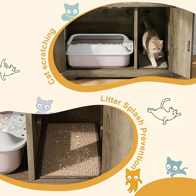 Cat Litter Box Enclosure, Hidden Litter Box Furniture with 2 Door, Pet House Fit Most of Litter Box, Dark Oak Gray