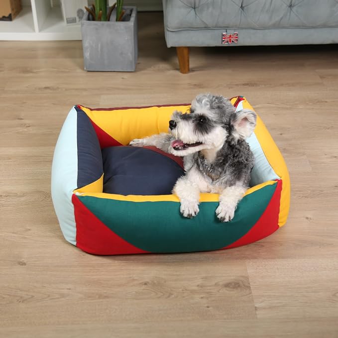 Cotton Canvas Dog Bed, Cute Dog Beds for Small Dogs, Puppy Bed with Washable Removable Cover, Durable 290 GSM Cotton Anti-Chewing Pet Bed with Anti-Slip Bottom (24"x20"x8", Red&Yellow&Green)