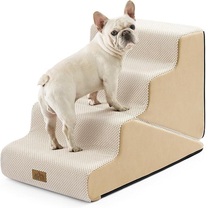 COZY KISS Dog Stairs for Small Dogs, 3-Step 2 in 1 Transformable Pet Stairs for Couch and Bed, 15.7" H Dog Steps for Old Cats, Puppy, Small Dogs (Beige, 17.7x28.3x19.7 in, 4.0)