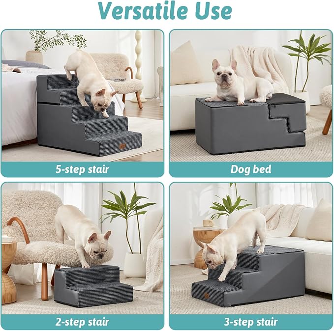 COZY KISS Dog Stairs for Small Dogs, 5 Tier Removable Wider Pet Stairs for Couch and Bed, 23.6" H Non-Slip Dog Steps for Puppies and Old Cats with Support Board, 19.7x29.5x23.6 inch, Dark Grey