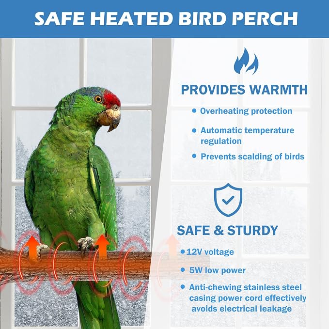 Heated Birds Perch Bird Warmer Birdcage Heater for Cage Winter 100°F-105°F Constant Temperature Birds Heater for Parrots Conure Parakeets Cockatiels Small Bird Mini Macaw