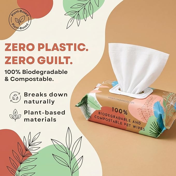 Eco Wave Hypoallergenic Plant-Based Pet Wipes, Dog and Cat Grooming Wipes for Face, Ears, Body, Butt, and Paws, Fragrance Free, Compostable, 400 Count