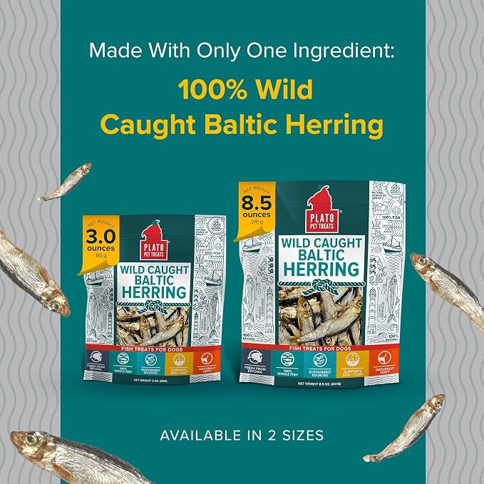 Plato Pet Treats Fish Dog Treats - Air-Dried, Single Ingredient Pet Treat - Omega 3 & 6 Fatty Acids to Support Skin and Coat - 100% Whole Fish - Wild Caught Baltic Herring - 8.5 oz - 2 Pack