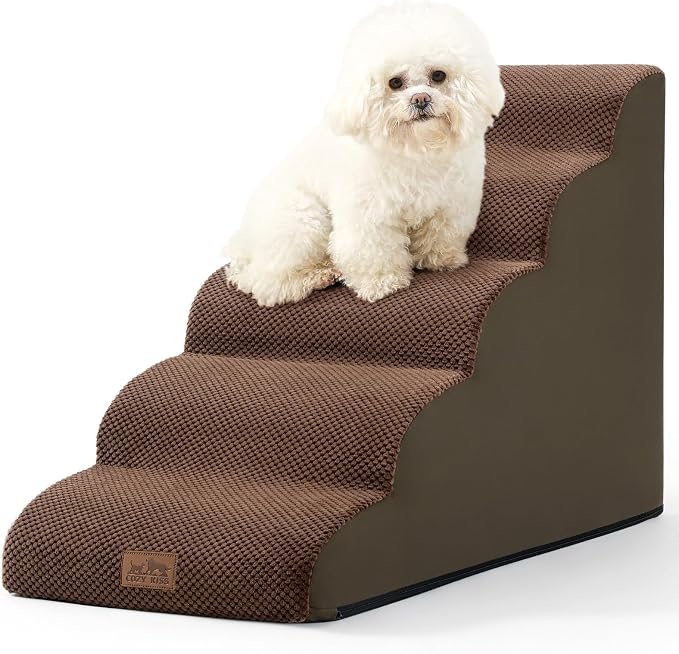 COZY KISS Dog Stairs for High Bed 22.6" H, Small Dog Step for Puppy, Older or Cat, Curved Ramp for Car, Ladder with High Density Foam, Lightweight, Durable, 15.7x33x22.6 inch, 5 Step, Brown
