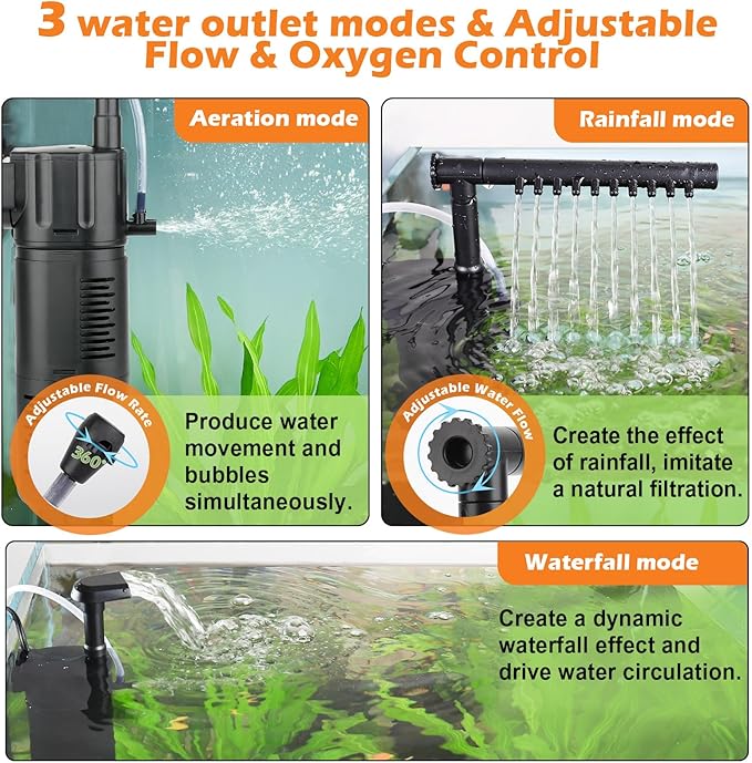 hygger Aquarium Internal Filter, Flow Rate Adjustable 4 in 1 Submersible Fish Tank Filter with Aeration System,Filtration/Oxygenation/Waveker/Circulation (for 5-15 Gallon Tank)