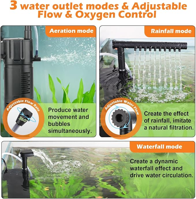 hygger Aquarium Internal Filter for 5-15 Gallon Tank, Flow Rate Adjustable 4 in 1 Submersible Fish Tank Filter with Aeration System,Filtration/Oxygenation/Waveker/Circulation