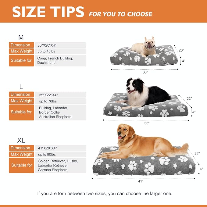 Dog Beds for Extra Large Dogs, Cute Thick Dog Bed for Crate Kennel, Fluffy Pet Bed with Removable Washable Cover and Anti-Slip Bottom, 41"x 28", Grey Paw