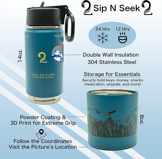 Insulated Water Bottle & Snack Container - Stainless Steel Water Bottle, 3 Lid Types BPA Free, Leak & Spill Proof Travel Bottle for Kids & Adults - Double Wall Tumbler Perfect for Gym, Hiking & School