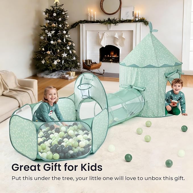 Tiny Land 3-in-1 Kids Play Tunnel with Ball Pit & Tent, Pop Up Crawl Tunnel for Toddlers, Indoor & Outdoor Baby Play Tunnel, Foldable Crawling Tunnel Toy, Gift for 2 Year Old Girl & Boy, Green